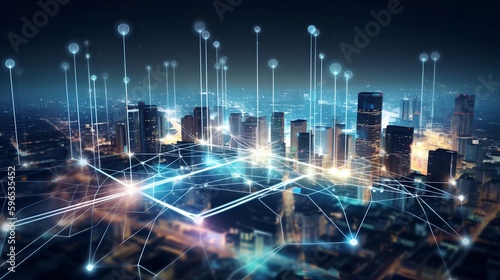 5G Connectivity concept featuring a cityscape at night with digital  glowing connection lines  illustrating a global  futuristic network powered by smart technology and AI. Generative AI