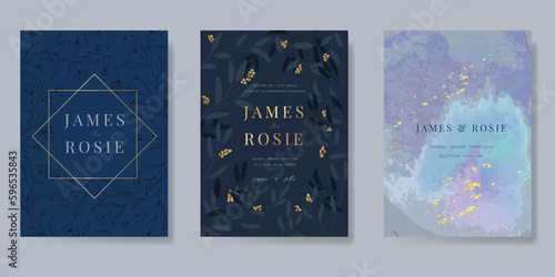 Navy Blue Luxury Wedding Invitation, floral invite thank you, rsvp modern card Design in gold flower with  leaf greenery  branches decorative Vector elegant rustic template