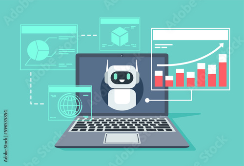 Chatbot assistant application on a laptop computer. Artificial intelligence help service for management business data. Chat bot by ai. Vector illustration flat design for banner, and background.