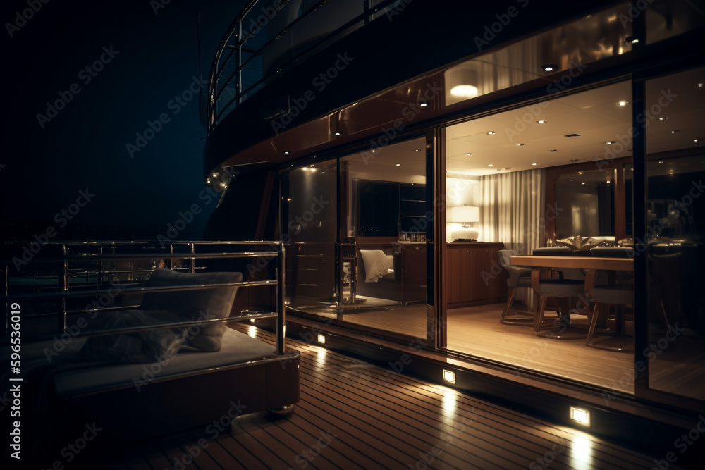 Nighttime on the deck of a luxurious yacht,  Generative AI	
