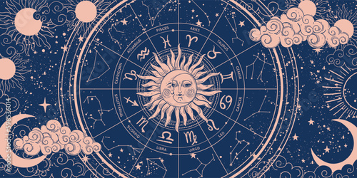 Zodiac wheel on blue background with moon and sun, astrology banner with 12 zodiac signs. Mystical horoscope vector pattern, magical esoteric universe illustration, esoteric hand drawing.