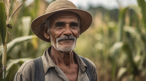 A Brazilian farmer smiling from the front. Generative AI 
