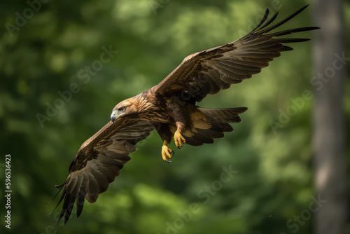 Inuwashi, or young golden eagle, soaring effortlessly through the air in quest of food against a lush green background, generative AI