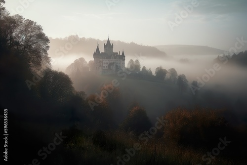 A photograph of a majestic castle nestled in a misty, rolling landscape during a mysterious foggy dawn, Generative AI, Generative, AI
