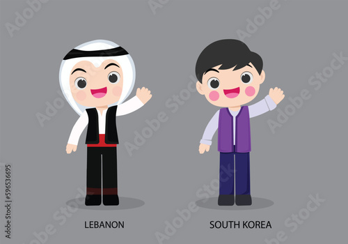 Lebanon peopel in national dress. Set of South Korea man dressed in national clothes. Vector flat illustration.