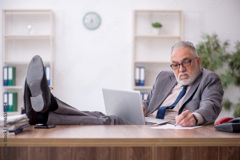 Old male employee working in the office Old male employee working in the office