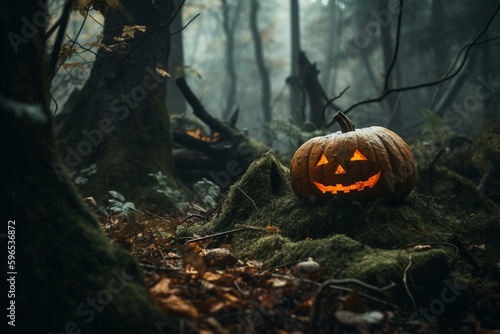 Jack-o-lantern in creepy forest cemetery. Spooky holiday scene. Generative AI © Elowen