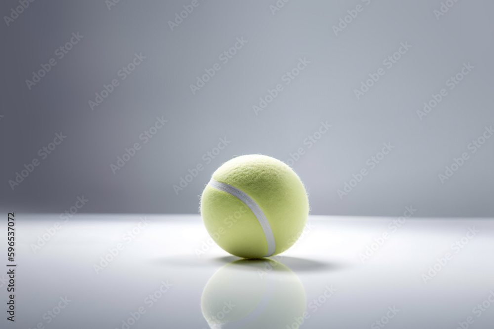 This photograph features a genuine image of a tennis ball taken in a studio setting against a white background with professional lighting. generative AI.