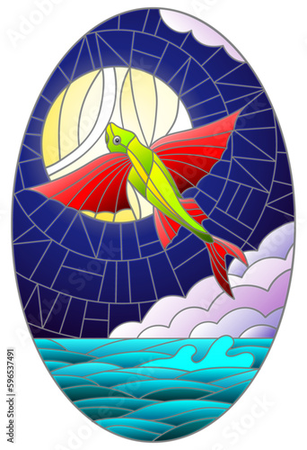 Illustration in stained glass style with a flying fish on the background of water ,cloud, night sky and moon