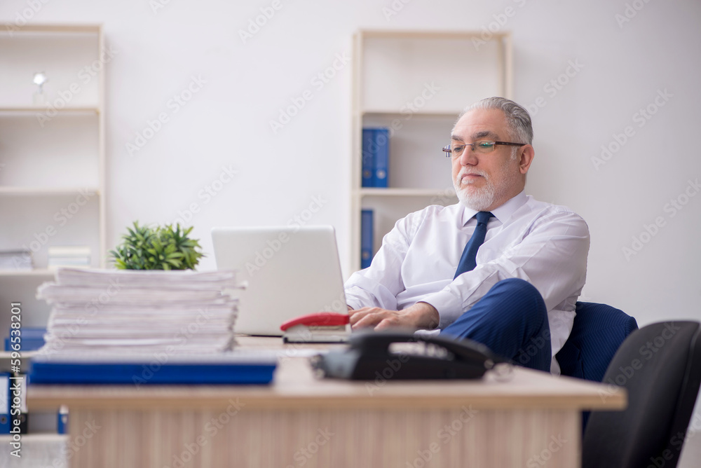 Old male employee working in the office Old male employee working in the office