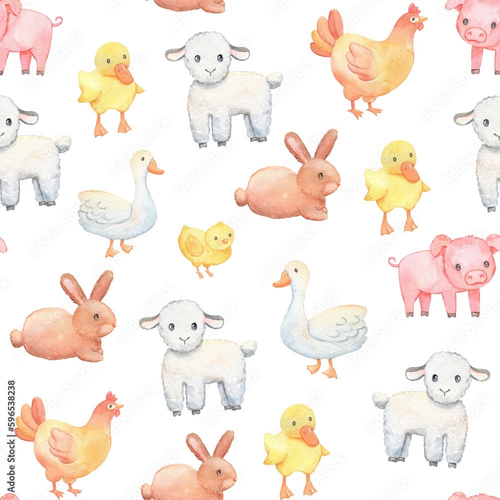 Obraz premium Watercolor seamless pattern with farm animals on white. Cute calf, chick and pig.