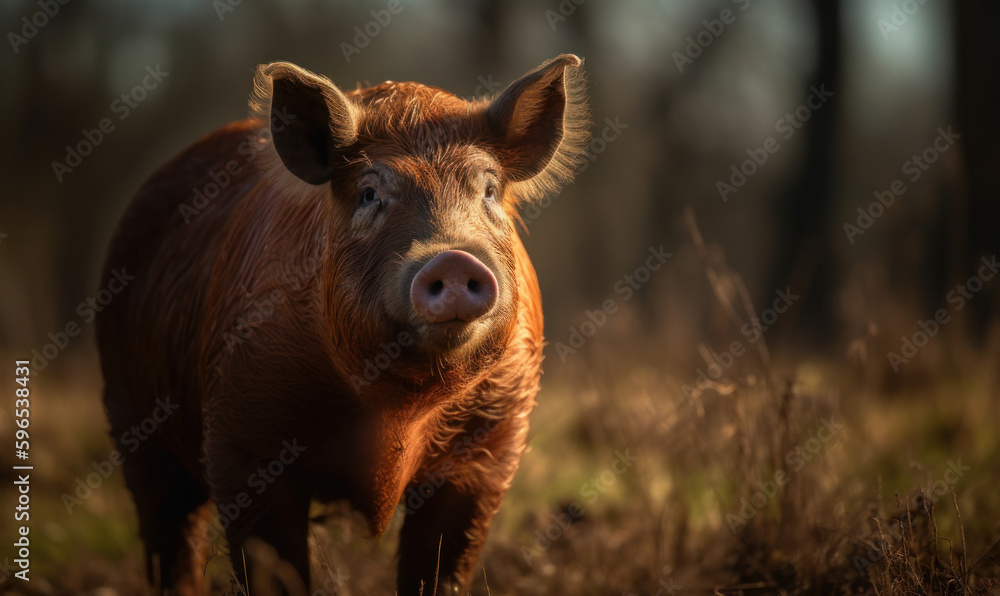 Photo of Duroc-Jersey, captured in a sun-drenched golden hour pasture, displaying its robust build and distinctive rust-colored coat. Generative AI Photo of Duroc-Jersey, captured in a sun-drenched golden hour pasture, displaying its robust build and distinctive rust-colored coat. Generative AI