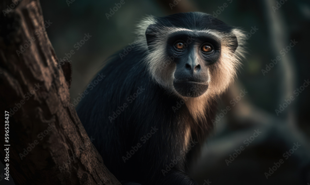 Diana monkey in its natural habitat, perched on a tree branch, gazing curiously at the camera with expressive eyes. The lush greenery of the jungle is softly blurred in the background. Generative AI