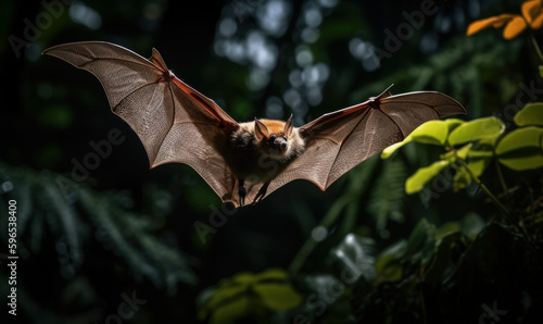 Photo of disk-winged bat in flight, captured mid-air as it hovers over a tropical rainforest canopy, where lush greenery of the jungle provides a fitting backdrop. Generative AI