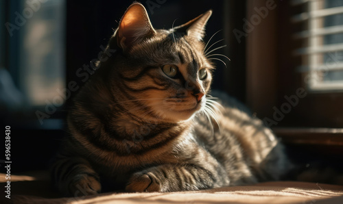 Sunny Siesta: Domestic Shorthair lounging lazily in the warm sunbeams on a sunny windowsill, basking in the warm rays of the midday sun. The feline's coat glistens in the light. Generative AI