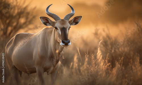 Wild Africa: Photo of eland (genus Taurotragus), majestically standing amidst the vast savannah grasslands of Africa, illuminated by the golden light of the setting sun. Generative AI