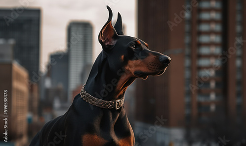 Urban Guardian: Photo of Doberman Pinscher, alert and poised with a backdrop of an urban cityscape capturing the breed's fearless and loyal nature. Generative AI © Bartek