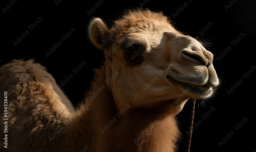 Obraz premium Photo of dromedary, known as Arabian riding camel, on black background. Generative AI