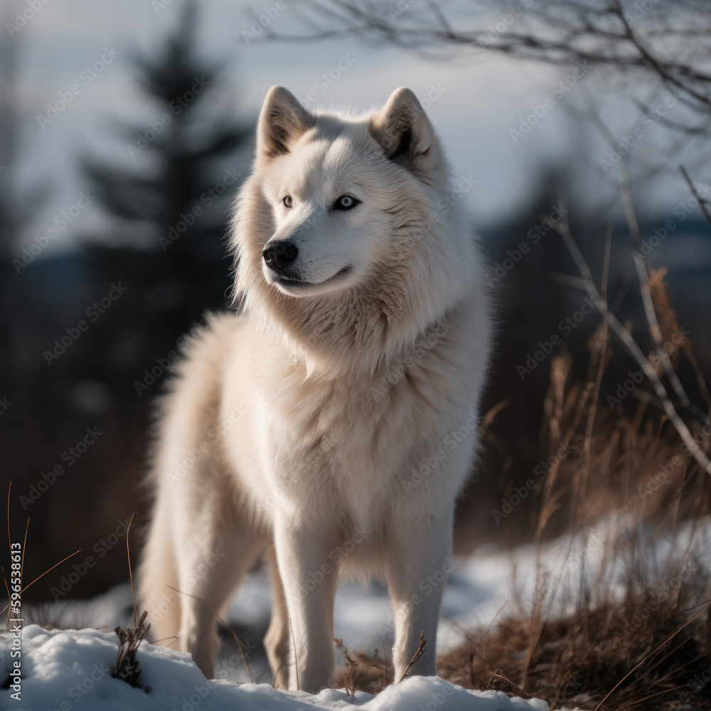 Arctic Guardian: Photo of Eskimo dog, majestically standing on a snowy landscape of the Arctic wilderness, with piercing eyes and a thick white coat. Generative AI