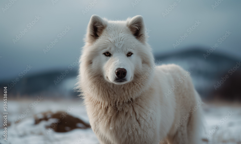 Obraz premium Arctic Guardian: Photo of Eskimo dog, majestically standing on a snowy landscape of the Arctic wilderness, with piercing eyes and a thick white coat. Generative AI