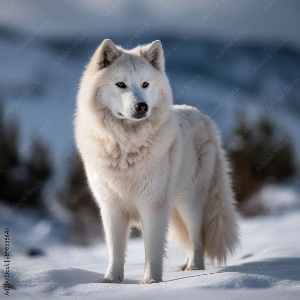 Obraz premium Arctic Guardian: Photo of Eskimo dog, majestically standing on a snowy landscape of the Arctic wilderness, with piercing eyes and a thick white coat. Generative AI