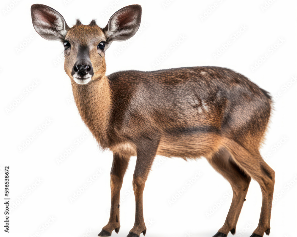 photo of duiker, know as forest-dwelling antelope  isolated on white background. Generative AI