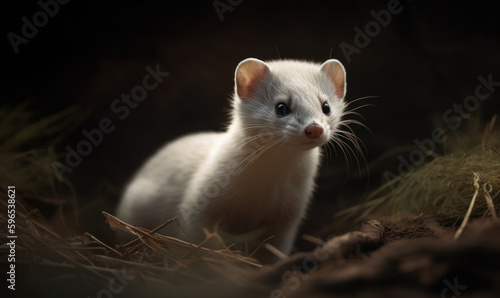 photo of ermine, also called stoat on dark background. Generative AI