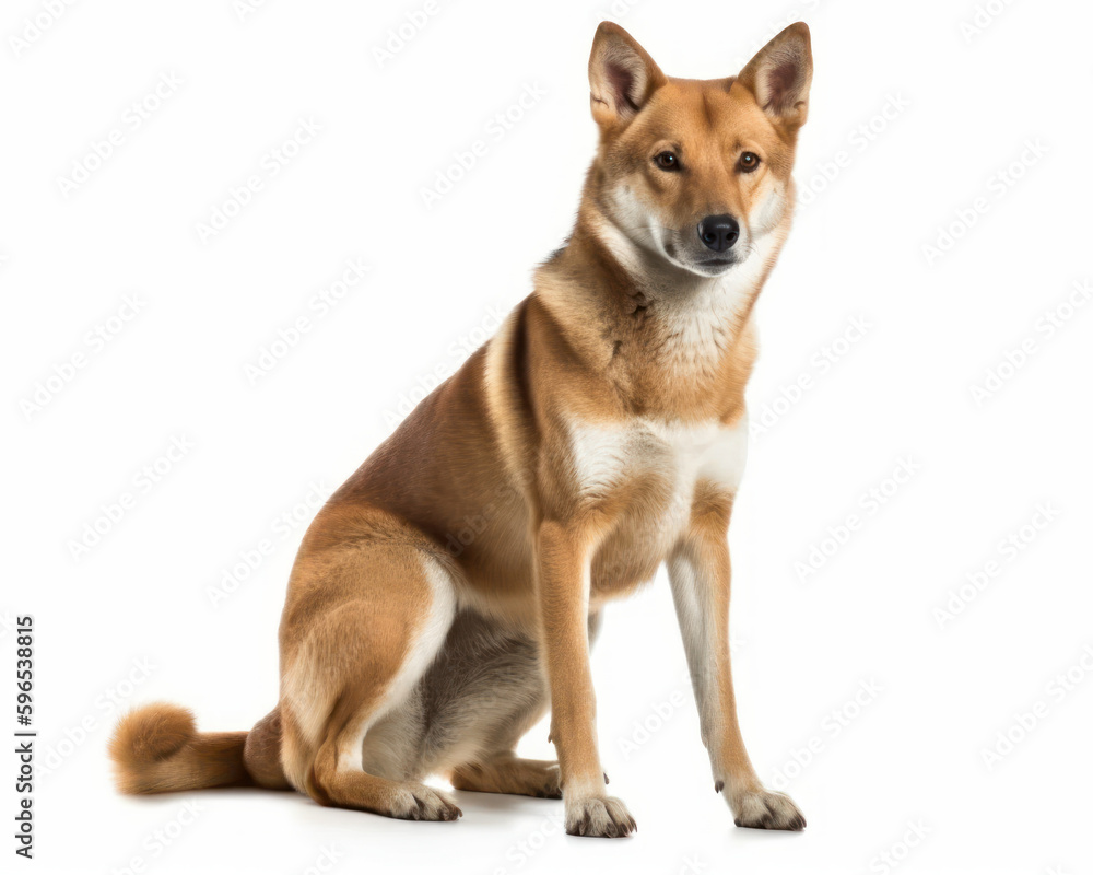 photo of dingo, also called warrigal visible in full figure isolated on white background. Generative AI