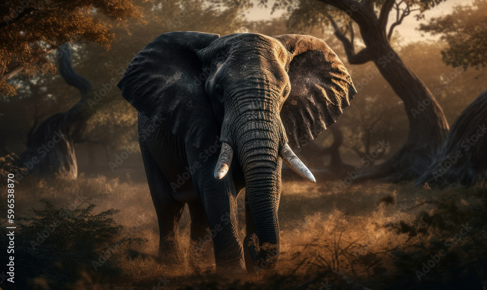 Fototapeta premium Elephant Savanna Majesty: Photo of elephant in the savannah, showcasing its majestic size, wrinkled skin, and powerful trunk. Generative AI