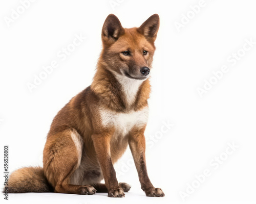 photo of dhole  Cuon alpinus  visible in full figure isolated on white background. Generative AI