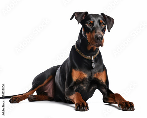 photo of Doberman Pinscher visible in full figure isolated on white background. Generative AI