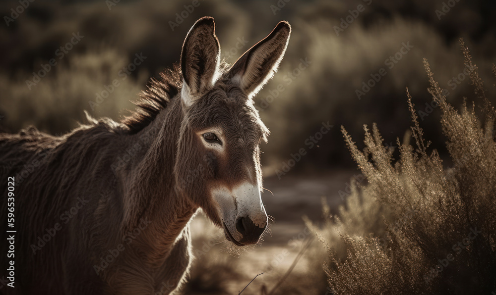 close up photo of donkey in its natural habitat. Generative AI