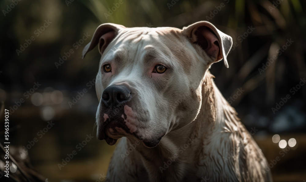 close up photo of Dogo Argentino on blurry forest background. Generative AI