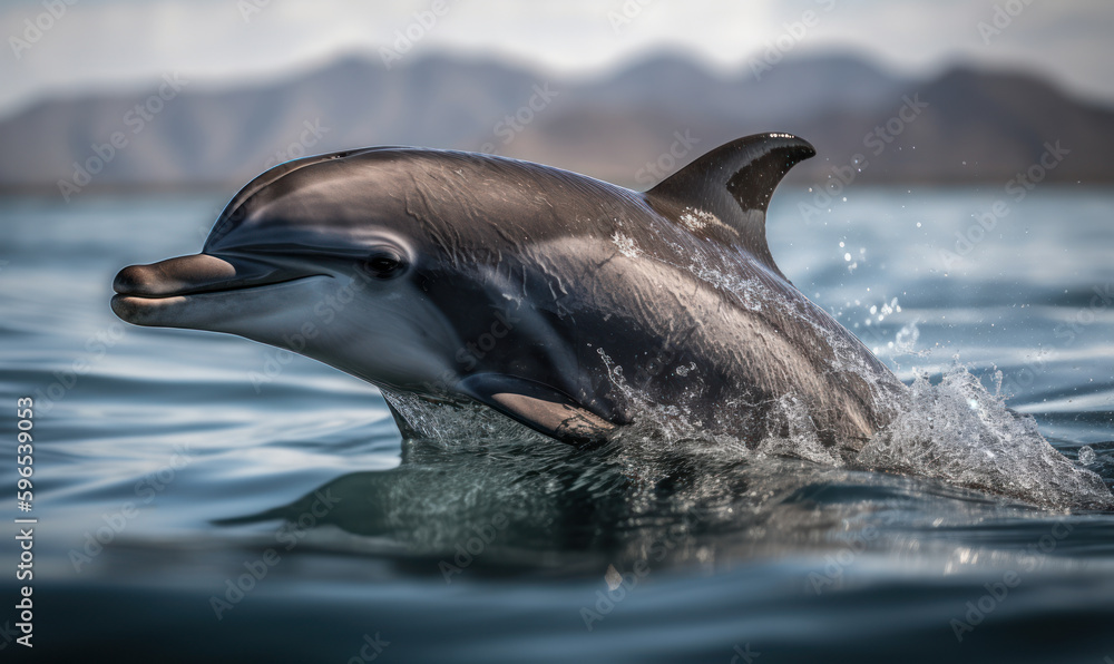 Obraz premium Photo of dolphin, captured in stunning detail as it gracefully leaps out of the crystal-clear waters of the Caribbean sea. Generative AI