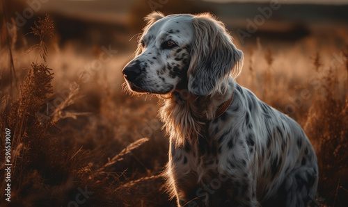 Photo of English setter, poised & alert in vast, open field, with its silky fur catching the warm, golden light of a setting sun capturing grace & elegance of the English setter breed. Generative AI