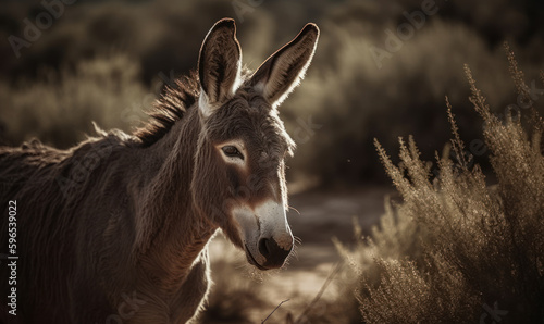 close up photo of donkey in its natural habitat. Generative AI © Bartek