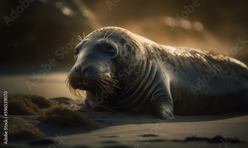 sunrise photo of elephant seal in its natural habitat. Generative AI
