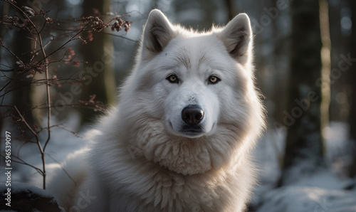 close up photo of Eskimo dog on winter forest background. Generative AI