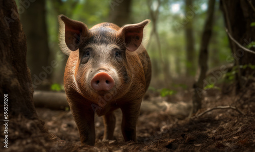 close up photo of Duroc-Jersey on blurry forest background. Generative AI