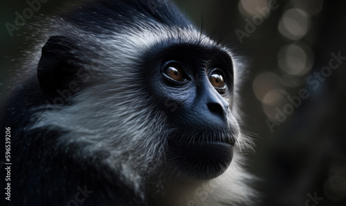 close up photo of diana monkey on  blurry bokeh forest background. Generative AI © Bartek