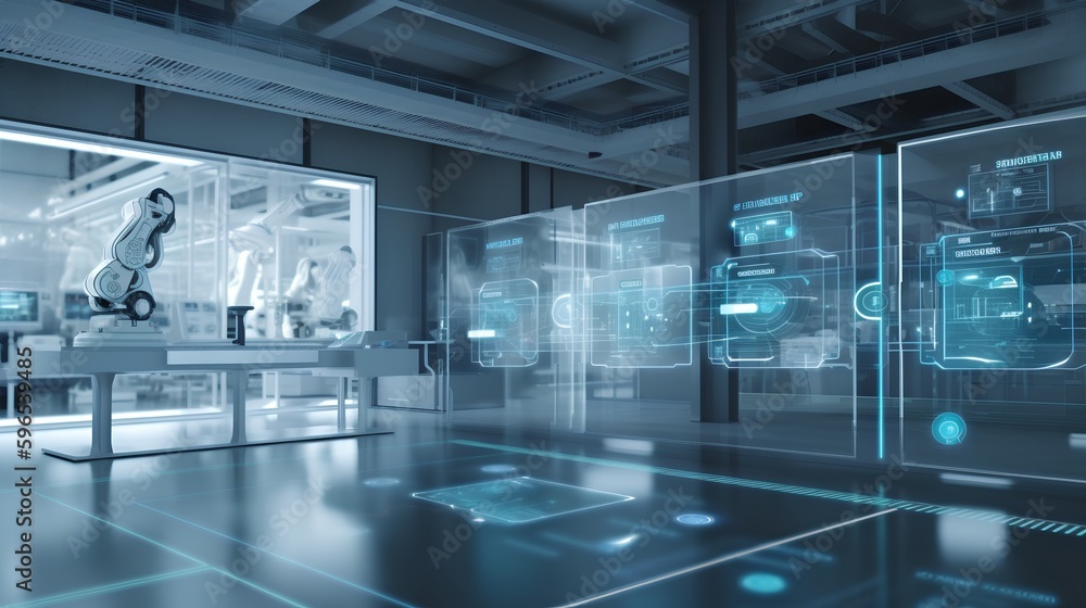 Industry 4.0 smart factory interior showcases advanced automation, machinery, and robotics in a futuristic industrial setting. Innovation, engineering, and interconnected systems. Generative AI Industry 4.0 smart factory interior showcases advanced automation, machinery, and robotics in a futuristic industrial setting. Innovation, engineering, and interconnected systems. Generative AI