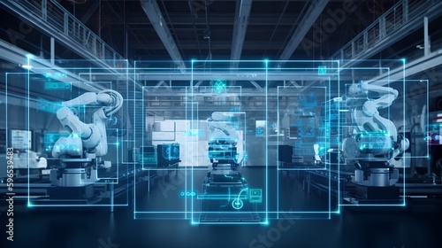 Industry 4.0 smart factory interior showcases advanced automation, machinery, and robotics in a futuristic industrial setting. Innovation, engineering, and interconnected systems. Generative AI © TensorSpark