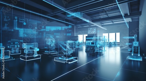 Industry 4.0 smart factory interior showcases advanced automation, machinery, and robotics in a futuristic industrial setting. Innovation, engineering, and interconnected systems. Generative AI