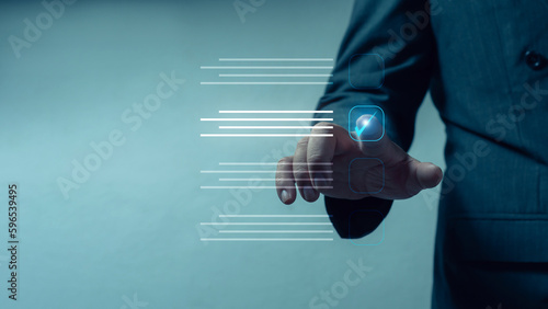 Businessman tick correct mark for document approval, questionnaire, service , assessment validation, investment survey, quality assurance Information survey and online verification concept.