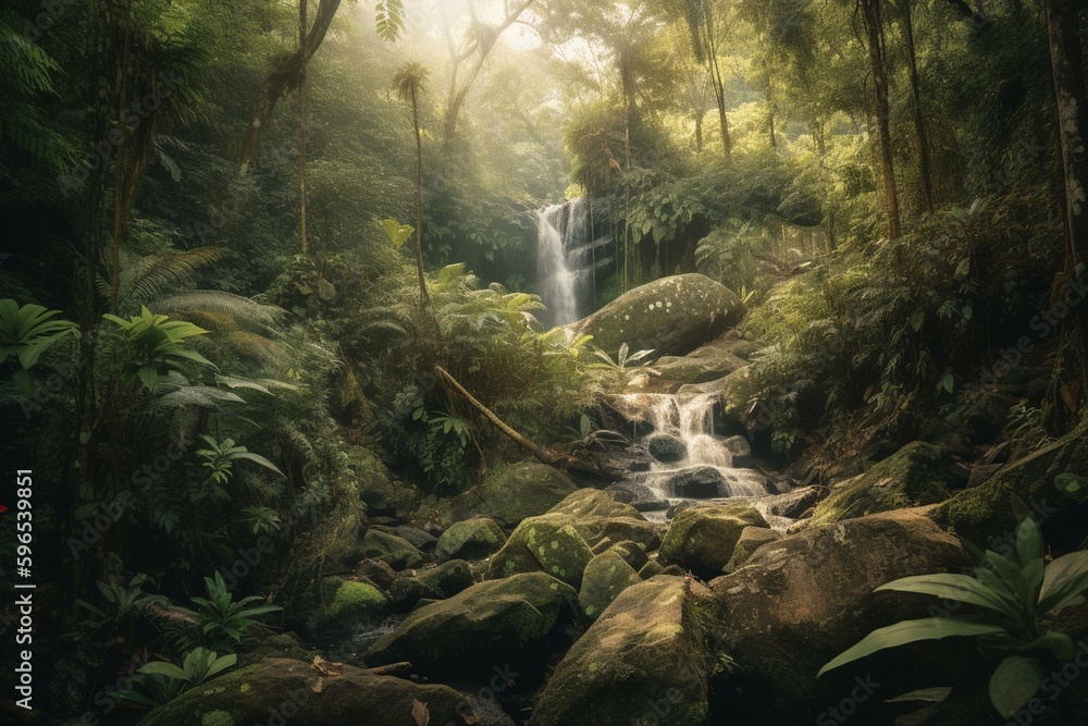 Gorgeous waterfall in lush jungle. Cascading in verdant tropical forest. Generative AI