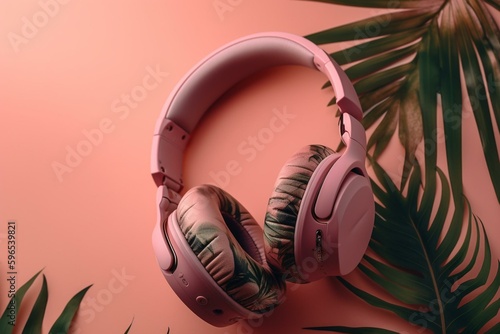 Tropical pink headphones on a pink background. Generative AI