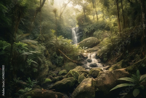 Gorgeous waterfall in lush jungle. Cascading in verdant tropical forest. Generative AI © Olivia