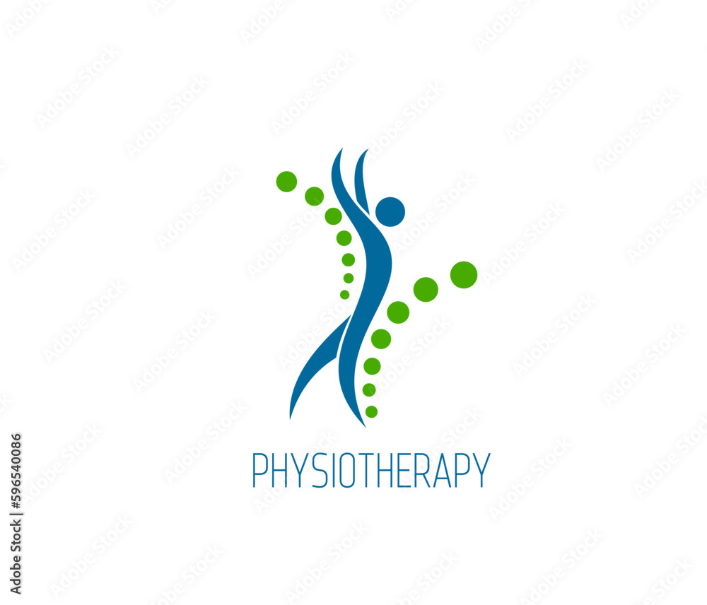 Physiotherapy icon, spine back pain and body health, chiropractic massage and therapy, vector symbol. Physiotherapy or chiropractor icon for spine health rehabilitation therapy or medical fitness