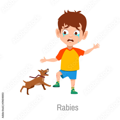 Rabies child disease, isolated vector boy attacked with sick dog. Dangerous sickness prevention or treatment, protection from animals. Dog bite little kid