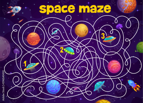 Space labyrinth maze, help UFO to find space planet, vector kids game worksheet. Labyrinth maze puzzle to help to alien UFO to find way to planets and escape asteroids and meteorites in space galaxy
